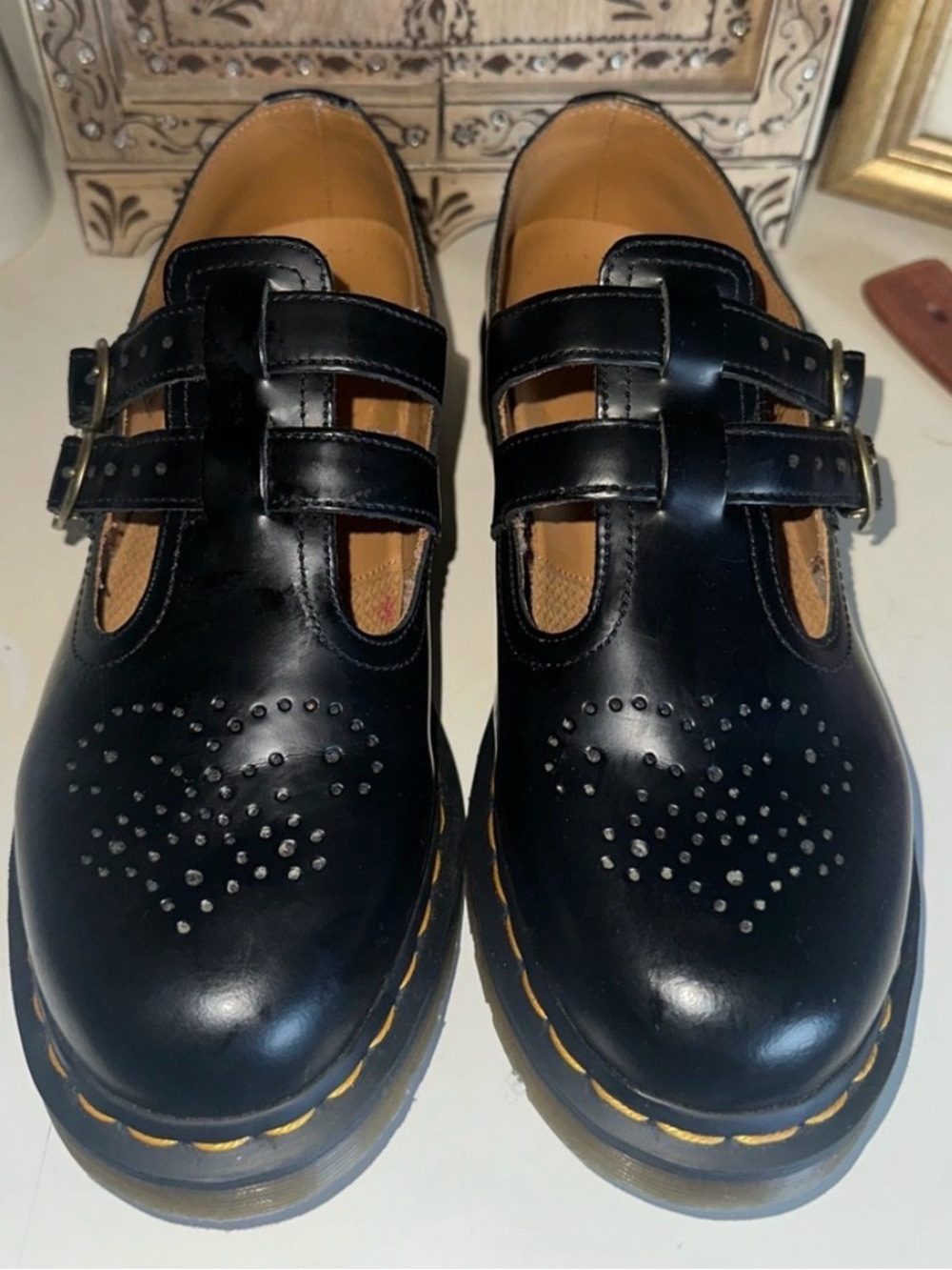 Dr. Martens (8065) Black Double-Strap Mary Jane Mules with Stud Perforation